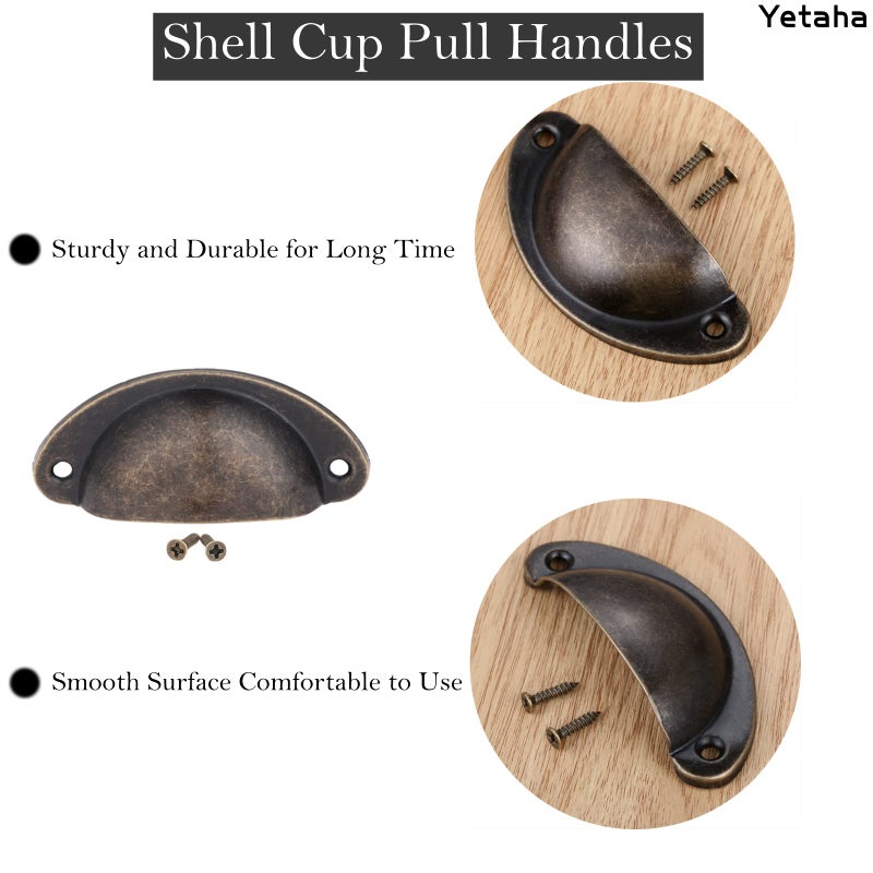 Yetaha 10PCS Antique Cabinet Cup Handles, Brass Drawer Pulls, Vintage Shell Shape Knobs for Dresser Cupboard Kitchen Furniture Decoration, with Screws (Antique Bronze) - Image 3